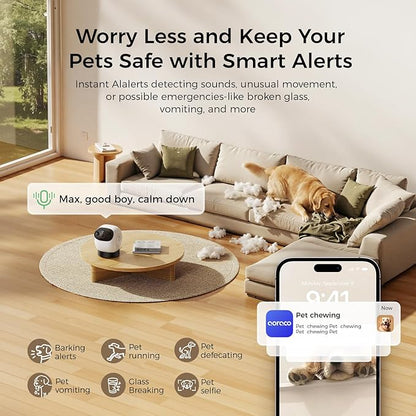 2026 3K Pet Camera Treat Dispenser, 32ft Remote Tossing for Dogs & Cats – Reduces Separation Anxiety, 360° View, Security Indoor Cam w/ Phone App, Barking Alerts, No Subscription, 5G WiFi, Robot M3