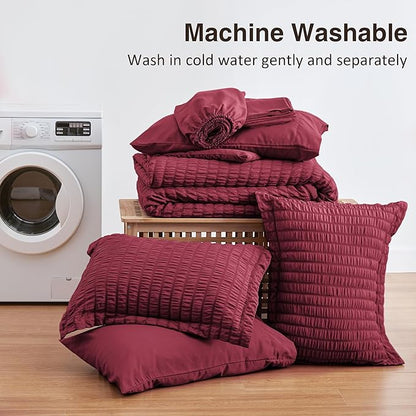 Love's cabin Seersucker Burgundy Queen Comforter Set, 7-Piece All Season Lightweight Bed in a Bag Bedding Set with Comforter, Flat Sheet, Fitted Sheet, Pillowcases and Shams | Soft, Breathable, Lightweight