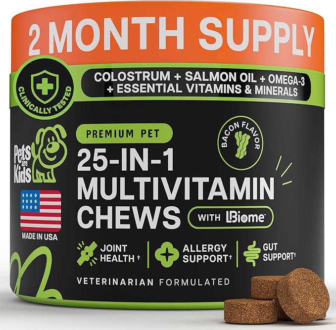 Pets are Kids 25-in-1 Dog Multivitamin - Pet Vitamins and Supplements with LBiome™, Colostrum & Salmon Oil for Gut, Allergy, Mobility & Immune Health - Bacon Flavored, Dog Supplements - 60 Chews