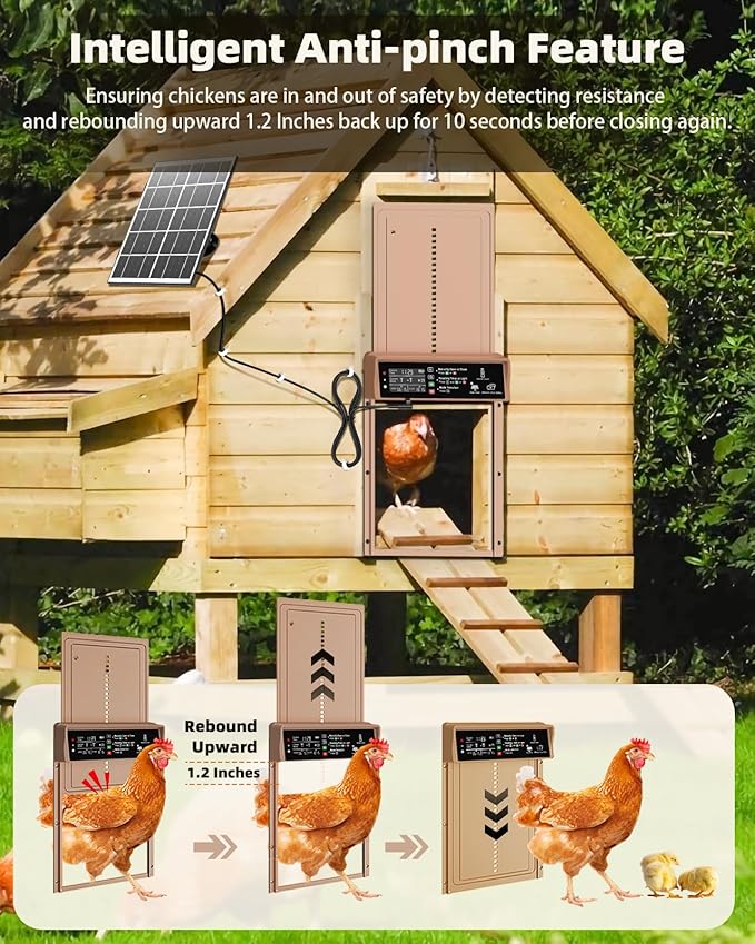 Automatic Chicken Coop Door Solar Powered, Pet Deluxe Chicken Door with Programmable Timer & Light Sensor, Anti-Pinch Safety, 7W Solar Panel, Aluminum Alloy with 10 Wire Clips Solar Chicken Door-Brown