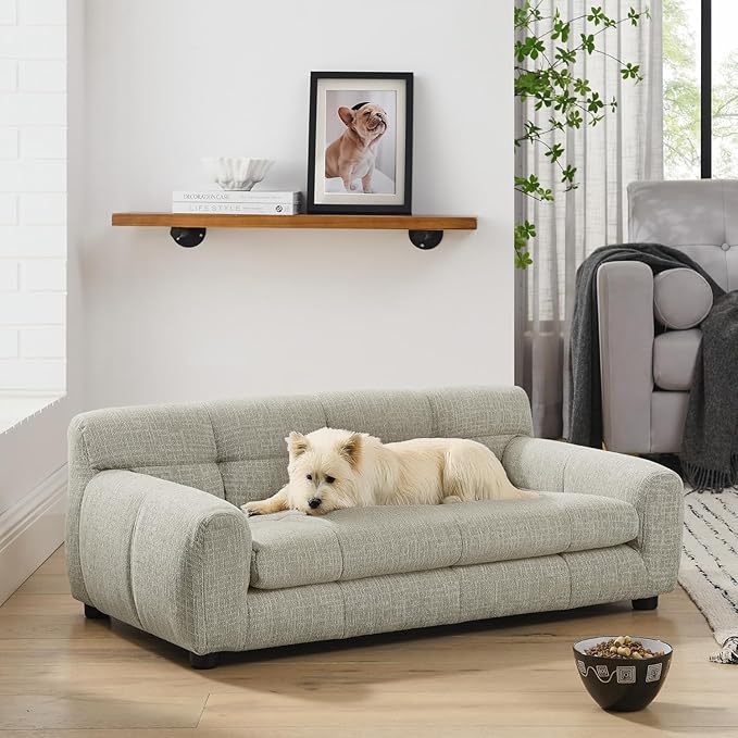 Dog Couch Bed with Backrest and Armrest, Durable Pet Sofa with Upholstered Foam Cushion, Elevated Dog Couch Bed with Legs for Medium Dogs, Dark Beige