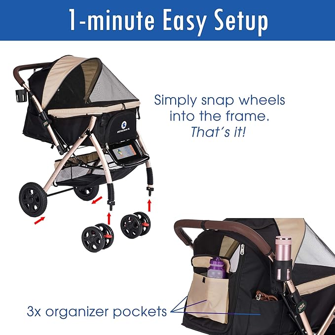 HPZ Pet Rover XL Extra-Long Premium Heavy Duty Dog/Cat/Pet Stroller Travel Carriage for Small, Medium, Large Pets (Taupe 2nd-Gen)