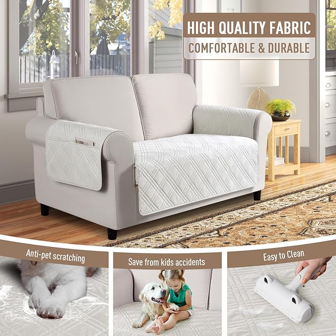 TAOCOCO Waterproof Loveseat Covers for Pets Dogs with Non Slip Backing, Sofa Seat Covers with Side Pocket for 2 Cushion Couch Washable Dog Couch Cover Protector Sofa Slipcovers(Loveseat, Off White)
