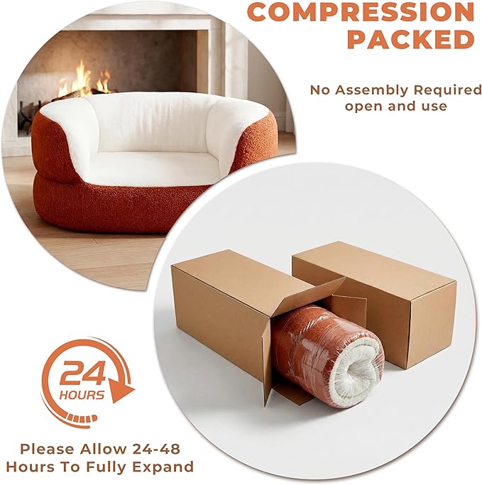 39.4" Orange Large Dog Couch Bed for Large Dogs Under 80lbs, Semi-Wrapped Round Faux Shearling Elevated Dog Sofa Chair, No Assembly Required Luxurious Indoor Furniture Style Pet Supplies