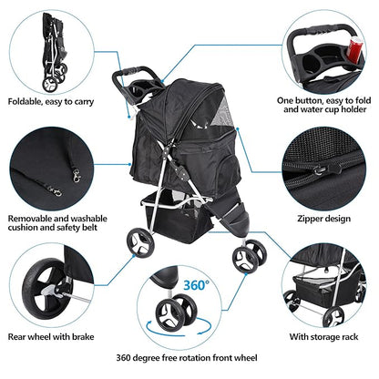 3 Wheels Dog Stroller, Pet Strolling Cart with Skylight Storage Basket Cup Holder Storage Tray, Animal Carrier for Medium Small Dogs and Cats, Easy Walk