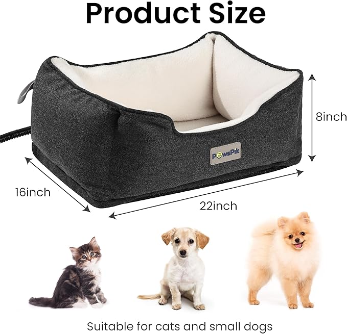 PAWSPIK Heated Cat Bed, Heated Dog Bed for Pets Indoor, Electric Pet Bed Warmer for Cats and Dogs (Charcoal and Ivory)