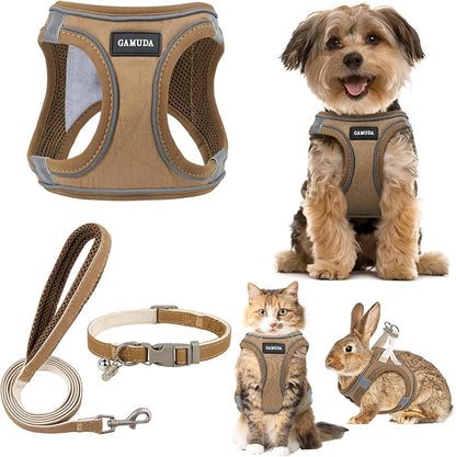 GAMUDA Small Pet Harness Collar and Leash Set, Step in No Chock No Pull Linen Fabric Soft Mesh Dog Vest Harnesses Reflective for Dogs Puppy Cats Kitten Rabbit (Brown, M)