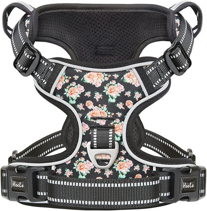 HEELE Dog Harness, No Pull Adjustable Padded Reflective Harness for Small Medium Large Dogs with Handle for Walking Training, Flower-Black, L