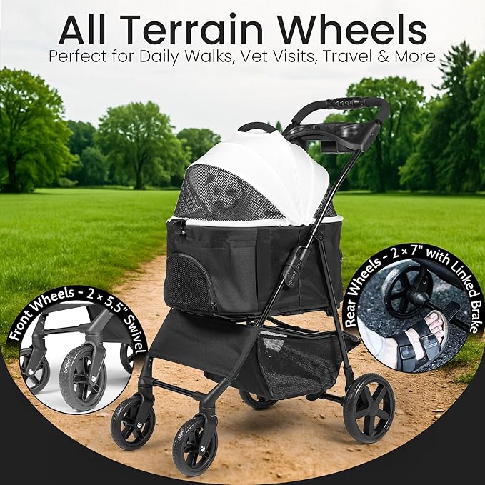 3-in-1 Folding Pet Stroller with Detachable Carrier – Lightweight Foldable Stroller for Cats & Dogs, Dog Carriers & Travel Products Solution with Safety Lock + Storage Basket