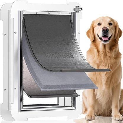 3-Flap Steel Large Dog Door for Exterior Doors with Sliding Lock Panel, Energy-Efficient Insulated Pet Door, Extreme Weather Doggy Door with Telescoping Tunnel, Never Rust（Pets Up to 100 Lb）