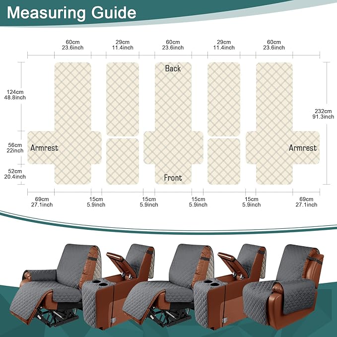 Ruaozz Waterproof Recliner Sofa Cover with Console Non-Slip Couch Covers for Reclining Couches Pet Cover for Double Recliner Sofa Cover with Elastic Straps for Kid Dogs Pets (Dark Grey, 3 Seater)