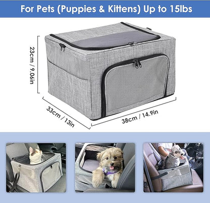 SlowTon Dog Booster Car Seat, Reinforce Metal Frame Safe Pet Car Seat with Seatbelt & Waterproof Pee Pad & Top Cover | Portable Collapsible Puppy Carrier Bag | for Small Medium Dogs Cats up to 15lbs