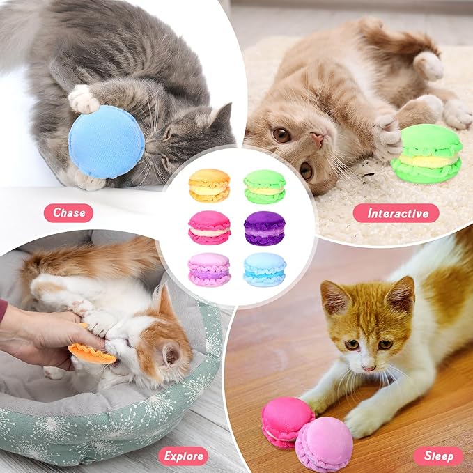 Eccliy 6 Pcs Macarons Catnip Cat Toys for Indoor Interactive Cat Chew Toys Kitten Chew Supplies for Kitty Lover Gifts Interactive Plush for Boredom Relief Indoor Exercise, 6 Colors