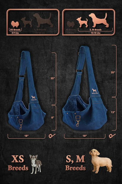 Noah & Paw Dog Sling Carrier for Small Dogs 5-18lb, Dog Sling for Small Dogs and Cats, Dog Carrier with Adjustable Padded Strap, Premium Denim, Lined with Fur, Double Safety Feature, Machine Washable