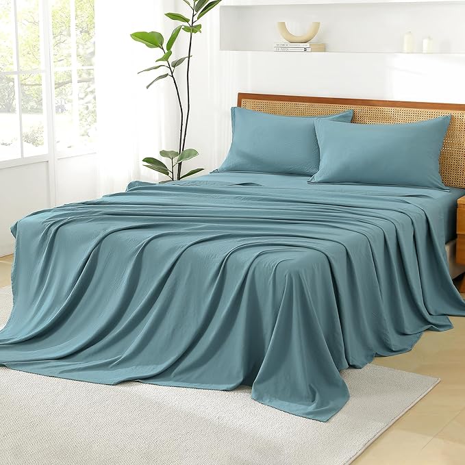 Litanika Grayish Teal King Size Comforter Set with Sheets - 7 Pieces Bed in a Bag King Boho Tufted Complete Bedding Sets with Comforter, Sheets, Pillowcases & Shams