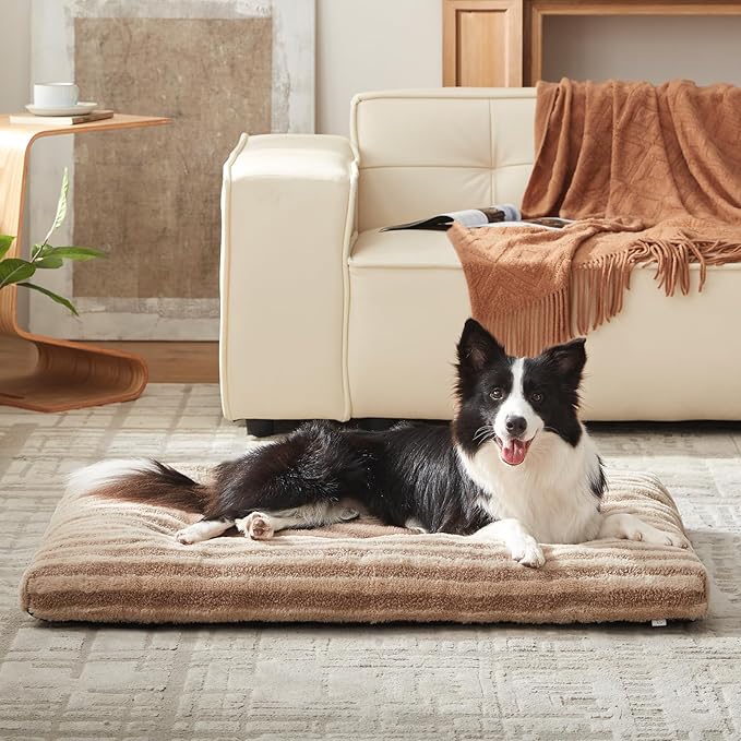 FURTIME Washable Dog Bed Large Sized Dogs, Deluxe Dog Crate Beds Comfy Fluffy Kennel Pad Anti-Slip Pet Sleeping Mat, Machine Washable Dogs Pillow, 35"x23"x3.5", Brown