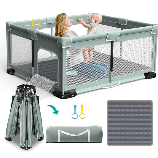 ICAREWAY Foldable Playpen for Babies and Toddlers, 71"x59" Inches Portable Playpen with Mat, Kids Collapsible Play Pen with 2 Handlers, Indoor & Outdoor Baby Play Area with Visible Mesh (Light Green)
