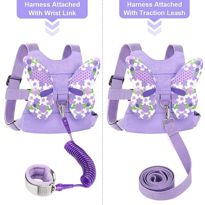 Toddler Harness Leash + Anti Lost Wrist Link, Accmor Kids Butterfly Harnesses with Children Leashes, Cute Baby Leash Walking Assistant Wristband Strap Tether for Girls Outdoor (Purple)