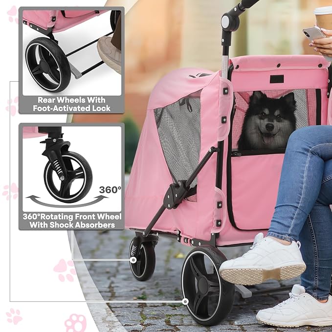 Pet Stroller for Large Dogs or Multiple Dogs Cats with Adjustable Handle, 3-Wheels Dual Entry Visible Portable Dog Carting Easy Folding Pet Wagon Double Dog Stroller up to 55 lbs, Pink