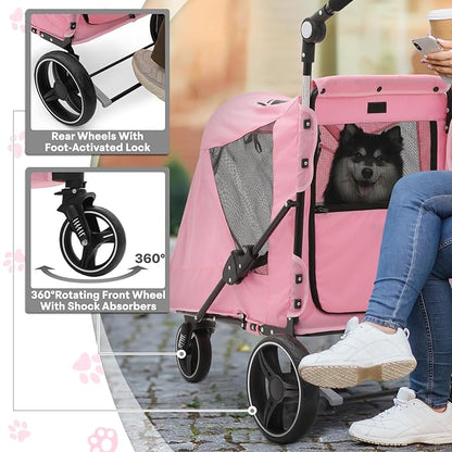 Pet Stroller for Large Dogs or Multiple Dogs Cats with Adjustable Handle, 3-Wheels Dual Entry Visible Portable Dog Carting Easy Folding Pet Wagon Double Dog Stroller up to 55 lbs, Pink