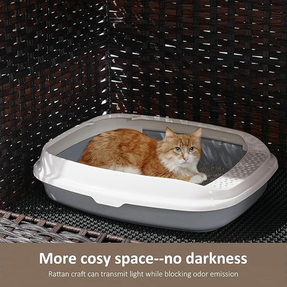 Cat Litter Box Enclosure with Soft Litter Mat; Hidden Cat Washroom Furniture with Door; Handwoven Rattan Cat House with Large Space; Pet Crate for Living Room, Bedroom, Balcony (Brown)