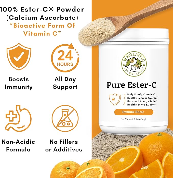 Wholistic Pet Organics Ester-C Powder for Dogs & Cats - Cat & Dog Allergy & Itch Relief - Vitamin C Immune Support Supplement - Itchy Skin Support for Seasonal Dog Allergy Relief - 1 lb - 454 Scoops