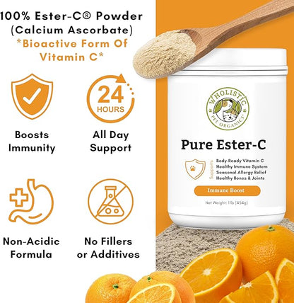 Wholistic Pet Organics Ester-C Powder for Dogs & Cats - Cat & Dog Allergy & Itch Relief - Vitamin C Immune Support Supplement - Itchy Skin Support for Seasonal Dog Allergy Relief - 1 lb - 454 Scoops