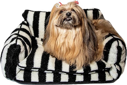 Glow Pups Dog Bed Cozy Sofa, Striped Pattern Cat Bed with Soft Faux Lambswool Cushion, Machine Washable Cotton Blend, Three-Sided Design, Black/White, XX-Large 47.24" L x 27.55" W x 15.75" Th