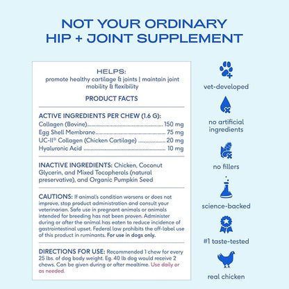 Native Pet Mobility Care - Hip & Joint Supplement for Dogs - UC-II Collagen, Egg Shell Membrane & Hyaluronic Acid - Dog Joint Supplement Chews Supports Cartilage, Mobility & Flexibility - 60 Chews