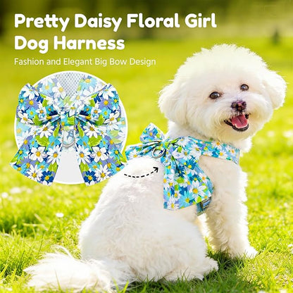BAEJMJK Dog Harness and Leash Set with Bow Knot No Pull Pet Daisy Floral Harness with D-Ring Soft Mesh Dog Harness Vest Set Escape Proof Princess Puppy Harness for Small Girl Dogs Cats（Blue A L）
