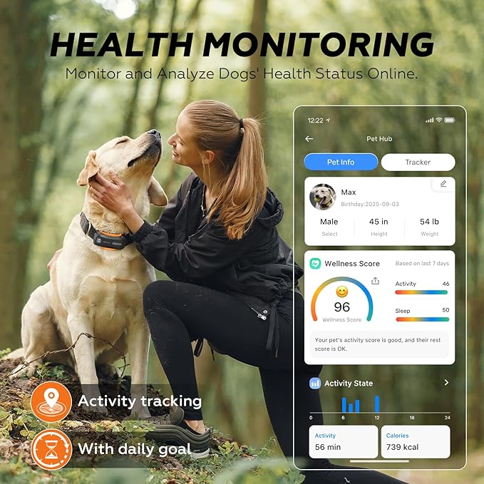 DBDD AI GPS Tracker for Dogs (30lbs+), Real Time Location and AI Health Assistant, Electronic Fence, Waterproof, iOS and Android Universal (D5-Black)