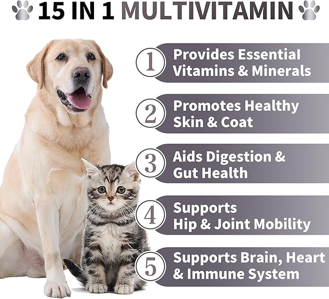 Best Buddy Multivitamin 15-in-1 Treats for Dogs I Cats, Complete Health Supplement Joint Support + Digestive Enzymes, Grain Free Dog Vitamins and Supplements for Skin & Coat (Bacon/Pork, 225g)