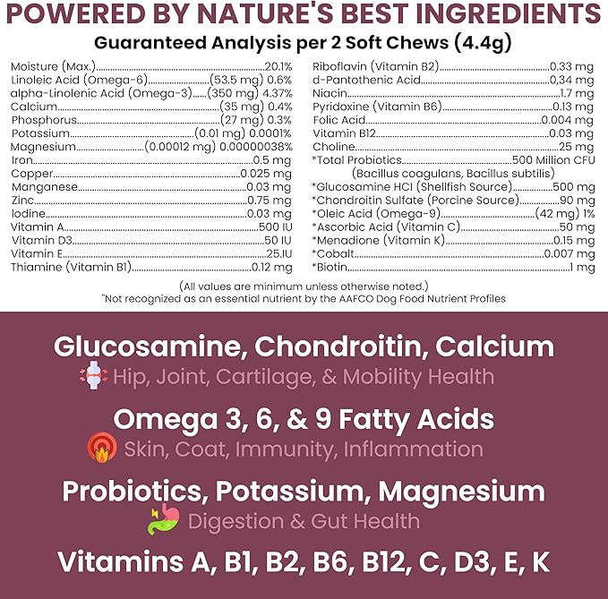 12-in-1 Multivitamin for Senior Dogs - 60 Senior Dog Vitamin and Supplement Soft Chews for Hip and Joint - Advanced Formula with Glucosamine, Omega 3,6,9, Vitamins, Probiotics - Made in the USA