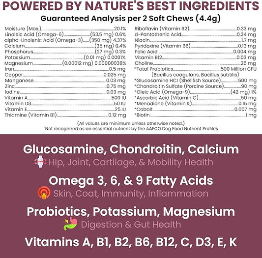 12-in-1 Multivitamin for Senior Dogs - 60 Senior Dog Vitamin and Supplement Soft Chews for Hip and Joint - Advanced Formula with Glucosamine, Omega 3,6,9, Vitamins, Probiotics - Made in the USA