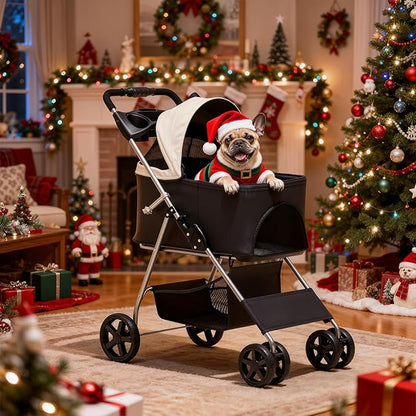 MoNiBloom 3 in 1 Foldable Pet Stroller for Small & Medium Dogs, Detachable Carrier, Car Seat, Push Button Entry, 4-Wheel Jogger for Pets up to 33 lbs, Black