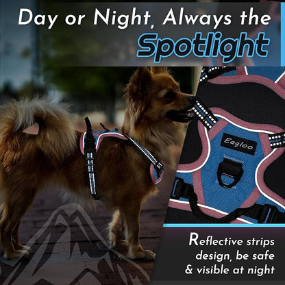 Eagloo Small Dog Harness No Pull, Service Vest with Reflective Strips and Control Handle, Adjustable and Comfortable for Walking, No Choke Pet Harness with 2 Metal Rings, Pink & Blue, XS