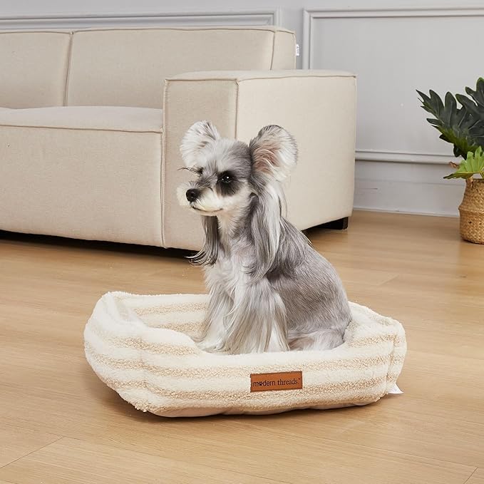 Modern Threads Ultra Soft Plush Pet Bed for Small and Medium Dogs with Elegant Texture and Stylish Design, Removable Washable Cover, Beige, (24" L x 20" W x 8" Th)