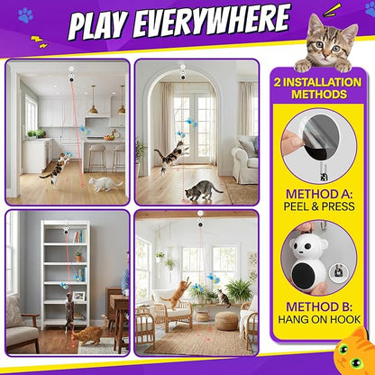 Interactive Cat Toys for Indoor Cats: 2 in 1 Laser Pointer Cat Toy with Automatic Flying Bird & Mouse Wand, Smart Motion Mode Adjustable Speed, USB Rechargeable Safe for Bored Kittens and Adult Cats