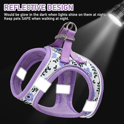 GAMUDA Small Dog Harness Collar and Leash Set, Step in No Chock No Pull Soft Mesh Adjustable Dog Vest Harnesses Plaid Reflective for Dogs Puppy Cats Kitten Rabbit (Purple Flower, S)