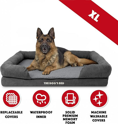 The Dog’s Bed Orthopedic Memory Foam Dog Bed with Bolsters for XL Dogs, High Density Support Mattress, Low Front Entry, Removable Washable Cover, Plush Fabric, Grey Plush, XL