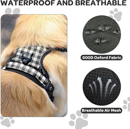 FURRYFECTION Plaid Dog Harness for Large Dogs, Reflective No Pull Adjustable Pet Vest with Front Clip, Leash, Easy Control Handle and Seat Belt, Beige&White, XL