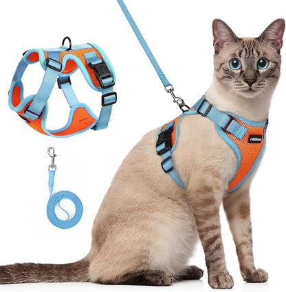 rabbitgoo Cat Harness and Leash Set, Escape Proof Soft Adjustable Vest Harnesses for Outdoor Walking, Easy Control Breathable Kitten Jacket with Reflective Strips, Orange & Light Blue, S