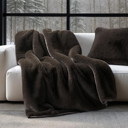 EVERGRACEHOME Luxury Soft Faux Chinchilla Fur Throw Blanket for Couch, Warm Thick Heavy Winter Throw Blanket 1220GSM for Bed, Fluffy Cozy Mink Blanket with Reversible Velvet, Espresso Mink, 50"x60"