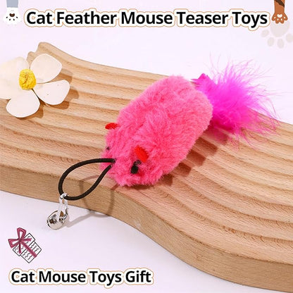 Cat Toy Refill, 2 Pack Mouse Toy with Feather Tail and Bell for Cat Wand Toy Accessories Cat Toy Attachments Replacements, 4.72” Realistic Size Mice Toy for Bored Indoor Adult Cat Self Play