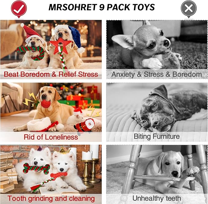 MRSOHRET Christmas Dog Toys, 9 Pack Dog Rope Toy, Puppy Chew Toy for Teething with Gift Bag, Plush Squeaky Toy, Christmas Stocking Stuffers for Small Medium Dogs