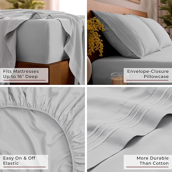Mellanni Twin XL Sheet Set - 4-Piece Iconic Collection Bedding, (Including 2 Pillowcases), 16-Inch Deep Pocket, Easy Care, Extra Soft, Cooling Sheets, Brushed Microfiber - Light Gray