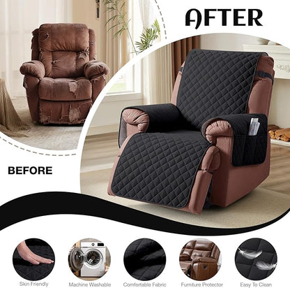 KinCam 100% Waterproof Recliner Chair Cover, Reclining Couch Covers for Pets, Dogs, Recliner Couch Slipcover Furniture Protector with Elastic Straps for Kids(25", Black)