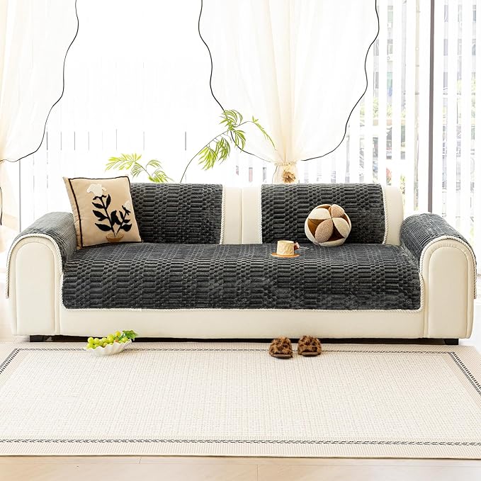 Plush Warm Sofa Covers Washable, Funny Fuzzy Couch Cover for Dogs Washable, Non-Slip Couch Covers for Sectional Sofas, Soft Sofa Slipcover for Pet & Kid(1PC, Dark Grey, 36"×83", Single Seater)