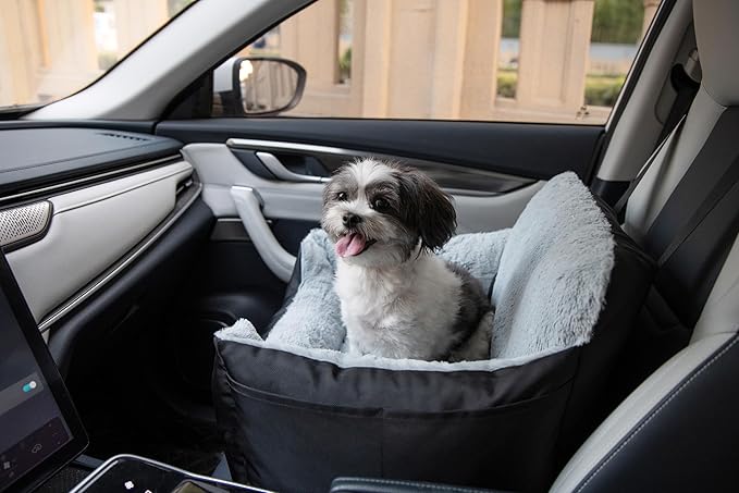 Best Pet Supplies Elevated Dog Car Seat for Small Dogs, Booster Seat with Safety Tether & Storage, Washable Travel Pet Seat for Front or Back Seat, Up to 25 lbs - Black - 21 x 20 x 14
