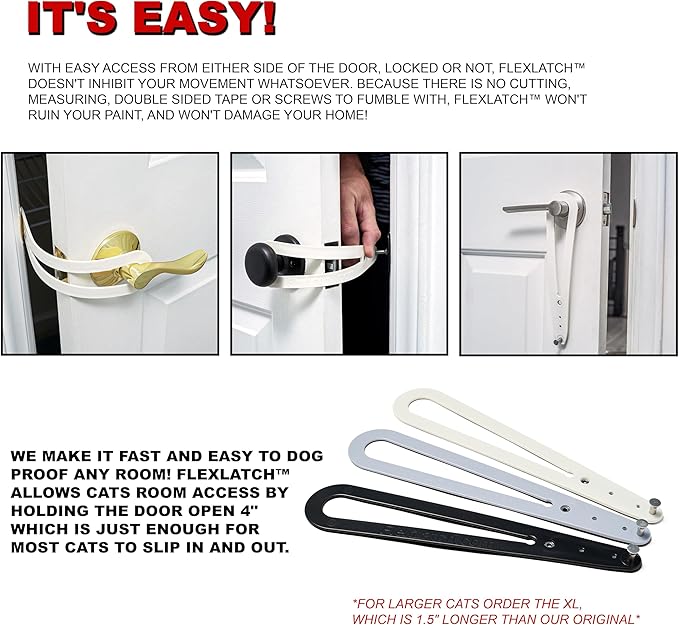 FlexLatch Cat Door Holder Latch - Cat Door Alternative Installs Fast Flex Latch Strap Let's Cats in and Keeps Dogs Out of Litter & Food. Safe Baby Proof One Piece Extra Easy, XL Gray